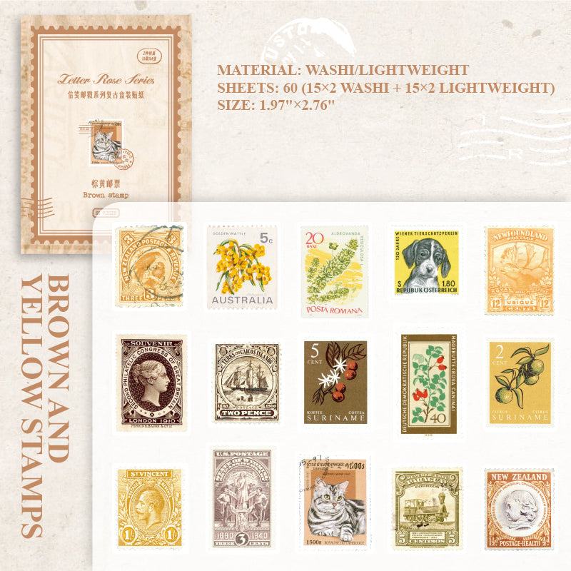 Brown and yellow vintage postage stamps with warm earth tone postal designs
