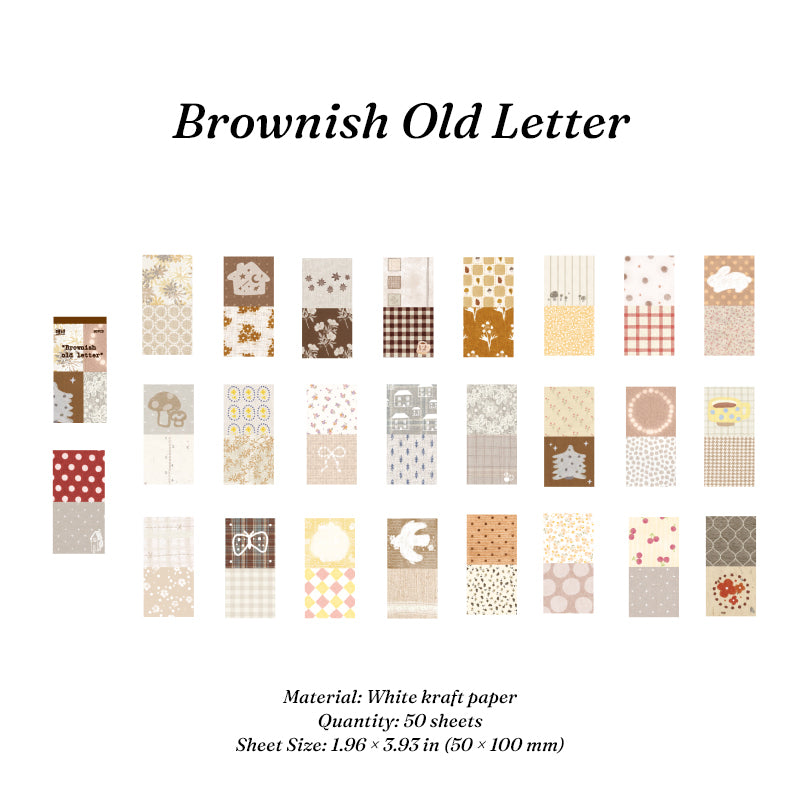 Brownish Old Letter vintage ephemera paper pack showing 50 white kraft paper sheets in 1.96 x 3.95 inch size with floral plaid mushroom and rabbit designs for scrapbook collage