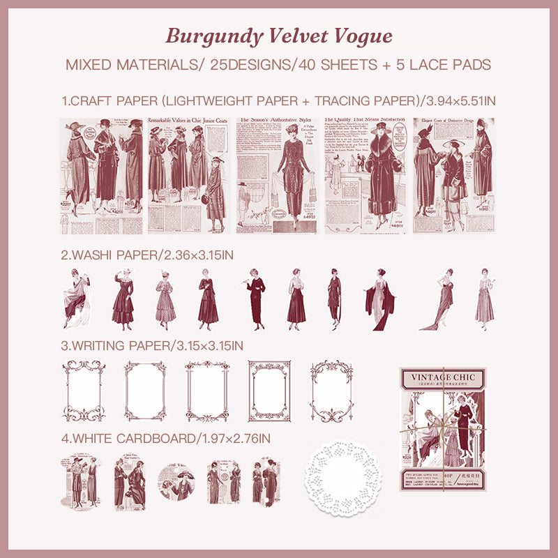 European vintage Burgundy Velvet Vogue mixed media craft pack for journaling