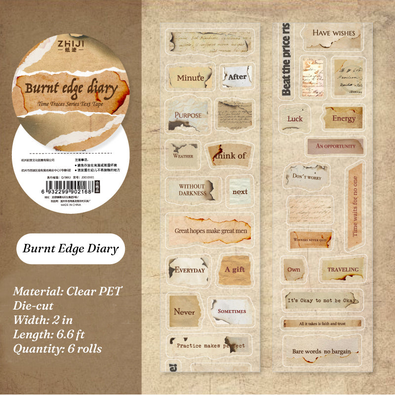 Burnt Edge Diary PET tape with scorched paper fragments handwritten snippets and singed borders in aged cream and sepia tones on clear backing