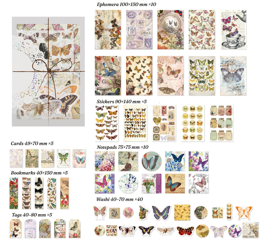Butterfly Chronicle theme — full layout of butterfly specimen pieces 