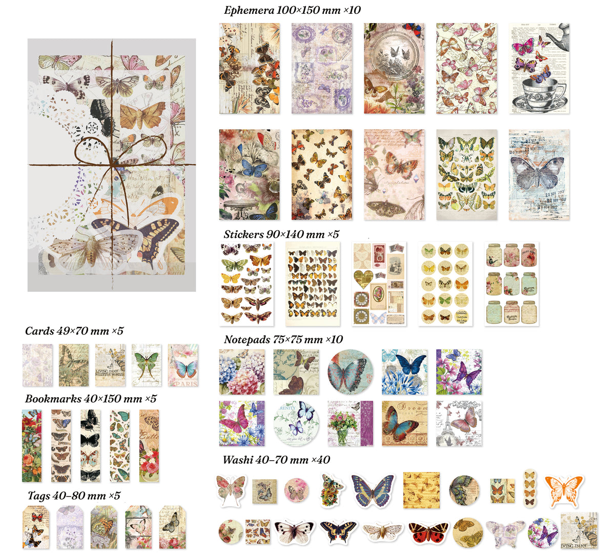 Butterfly Chronicle theme — full layout of butterfly specimen pieces 