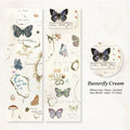Butterfly Cream washi tape with colored butterfly specimens wildflowers and mushroom illustrations in aged cream tones