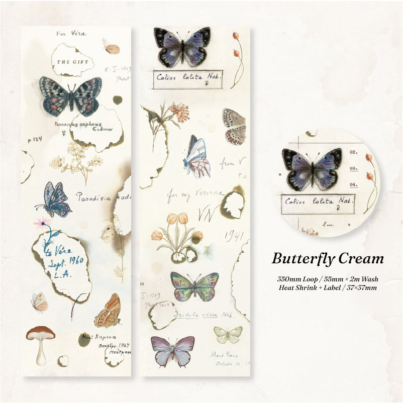 Butterfly Cream washi tape with colored butterfly specimens wildflowers and mushroom illustrations in aged cream tones