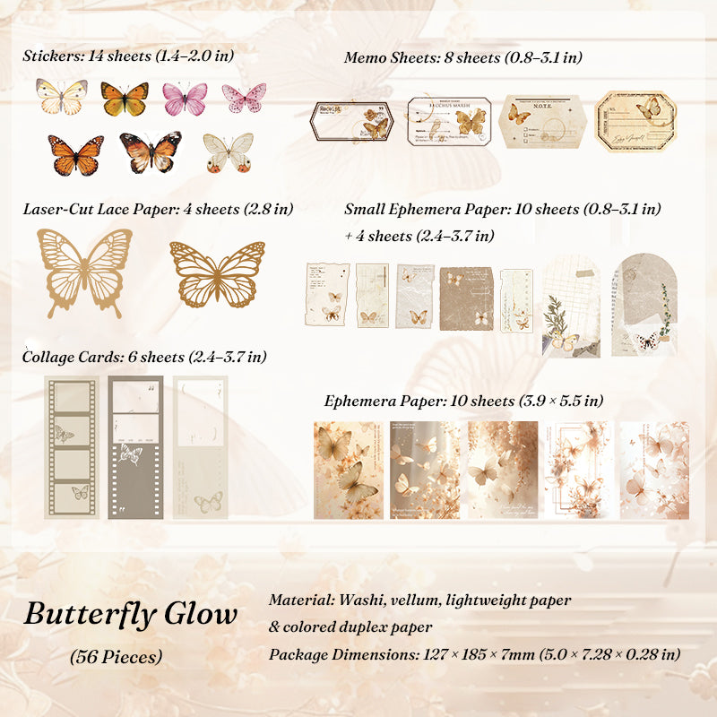 Delicate butterfly themed scrapbook ephemera pack with pink and gold insect stickers, lace paper, and film strip collage cards for journal