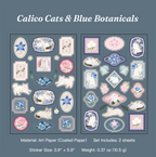 Calico cats and blue botanicals matte coated paper stickers