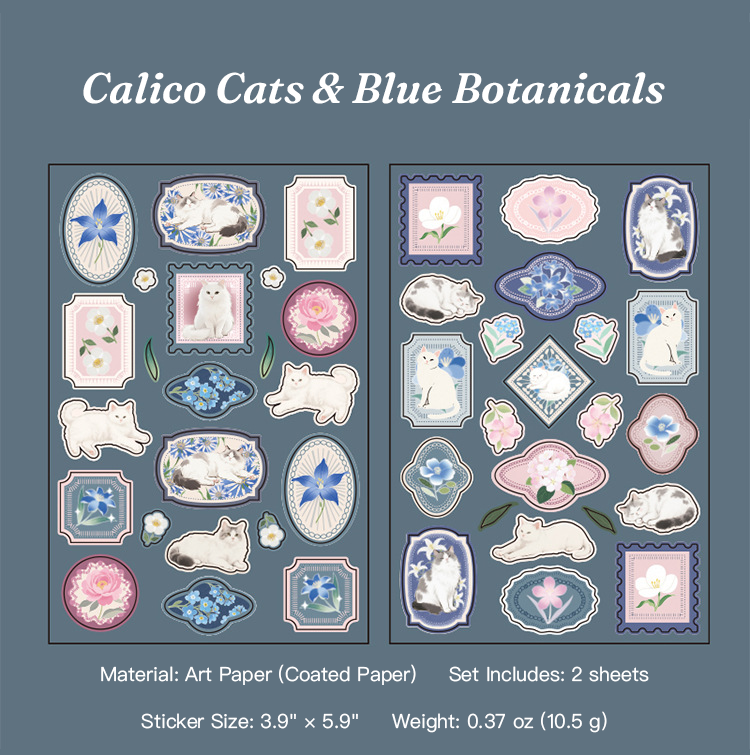 Calico cats and blue botanicals matte coated paper stickers