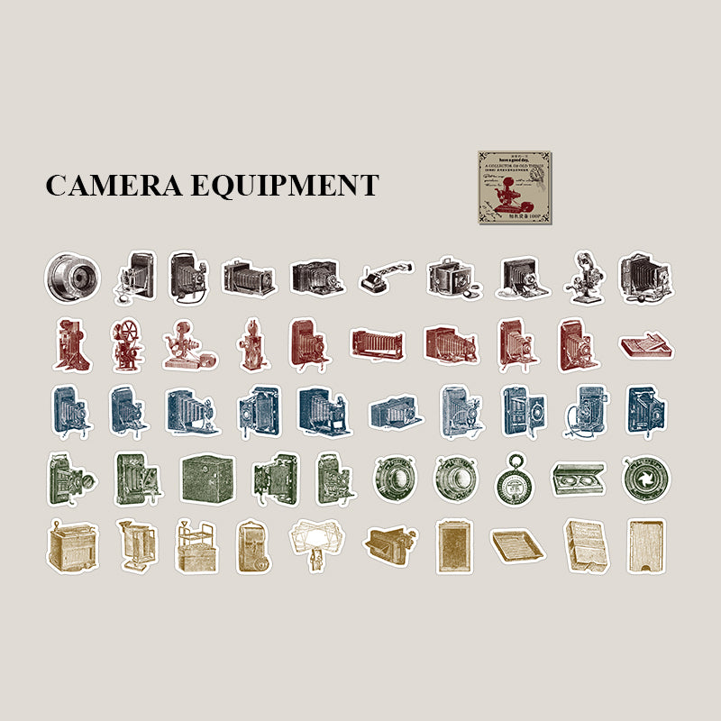 Vintage camera equipment sketch stickers - retro photography theme