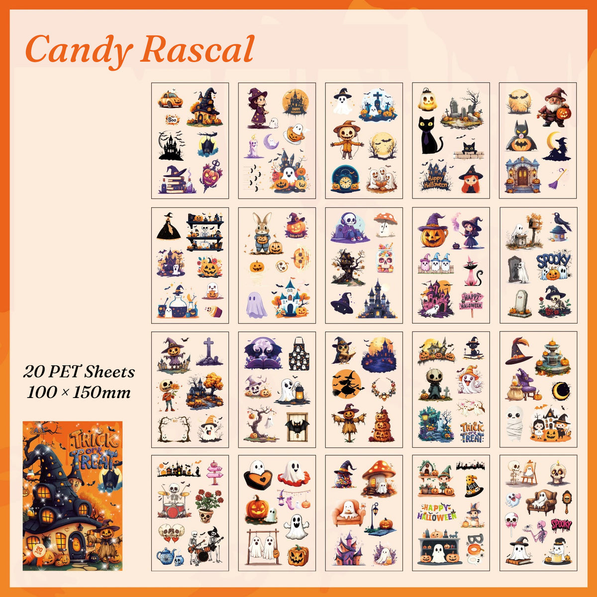 Candy Rascal sticker sheet — 20 candy mischief Halloween designs