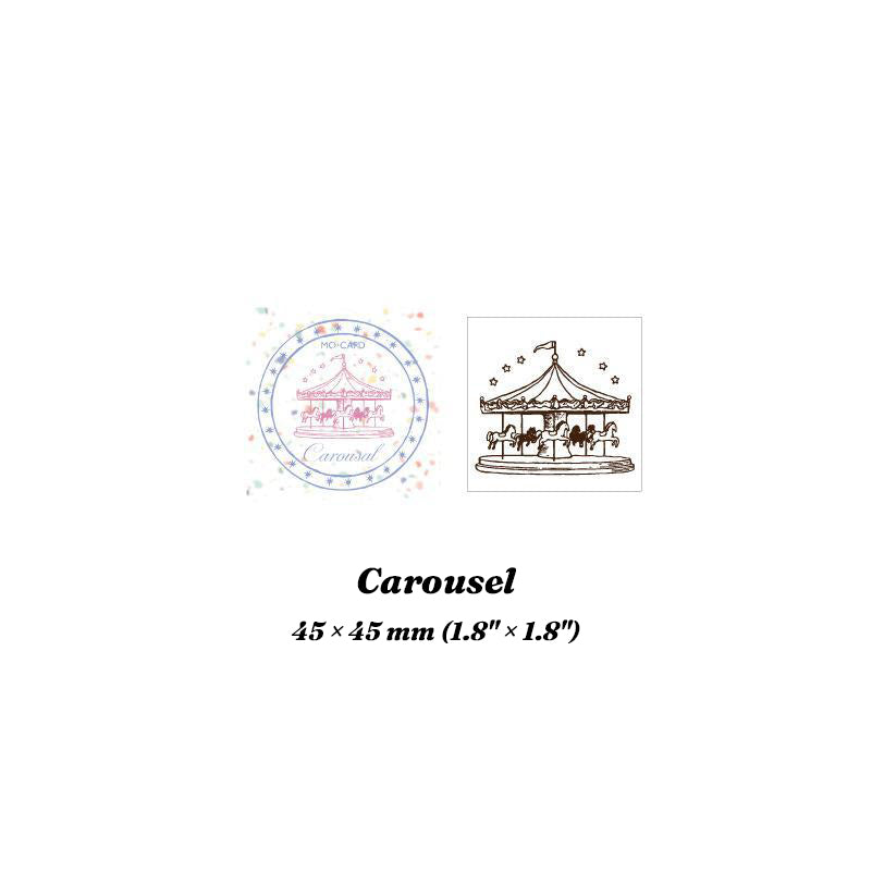 Carousel wood stamp with stamped impression of a merry-go-round
