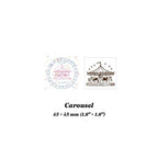 Carousel wood stamp with stamped impression of a merry-go-round