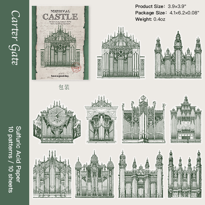Carter Gate medieval background paper, gothic building design for vintage collage projects
