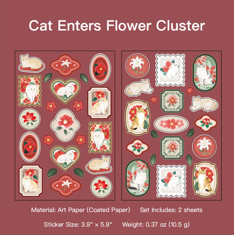 Cat in Flower Cluster design - botanical vintage sticker