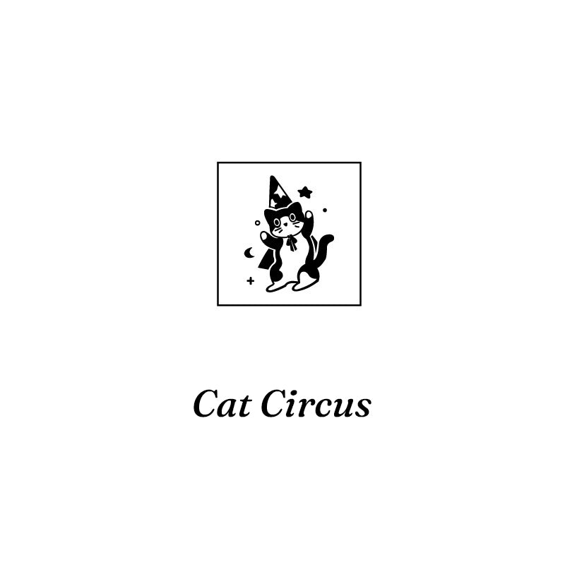 Cat Circus rubber stamp design featuring a whimsical circus performer cat, vintage beech wood stamp for junk journal decoration