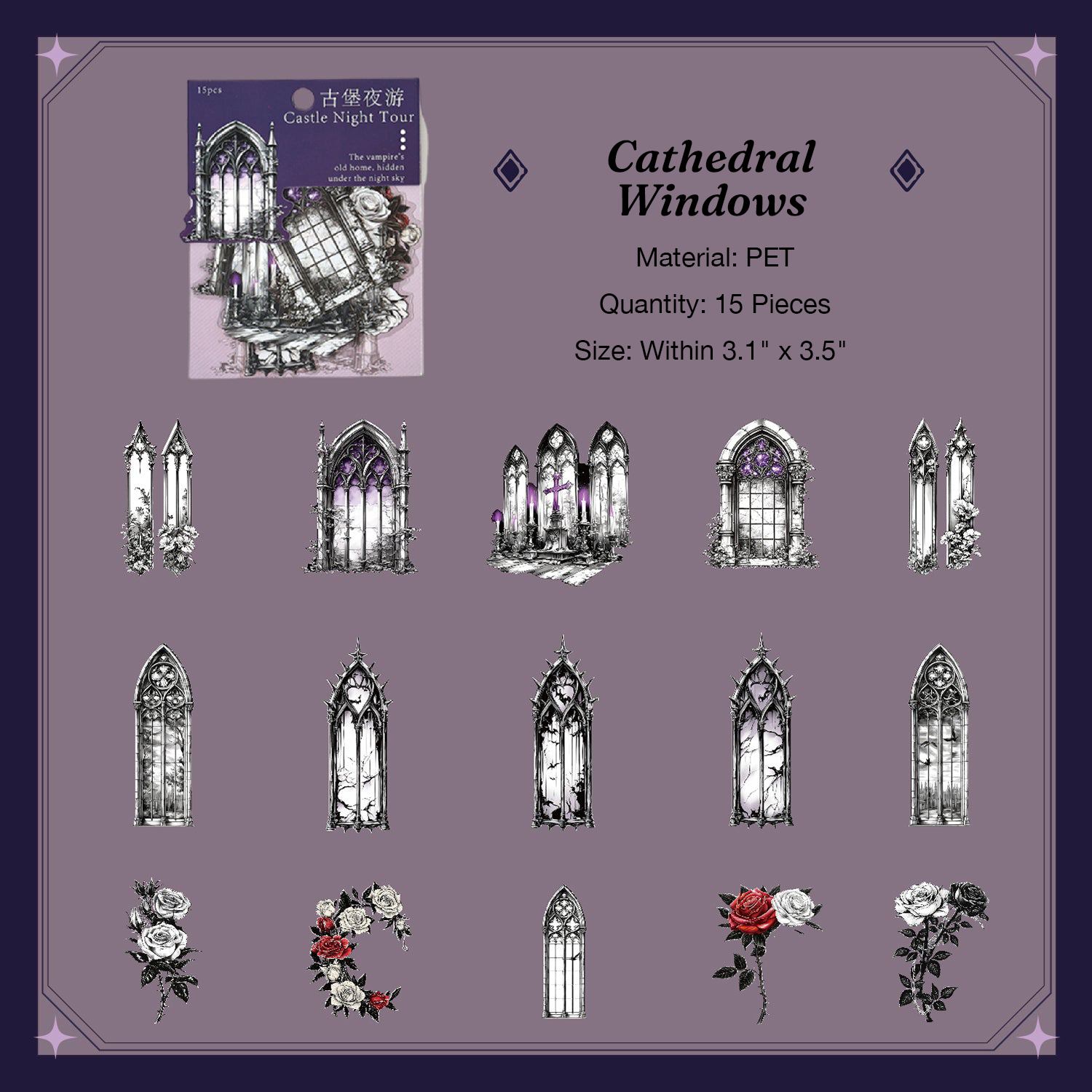 Vintage gothic church window and archway aesthetic stickers