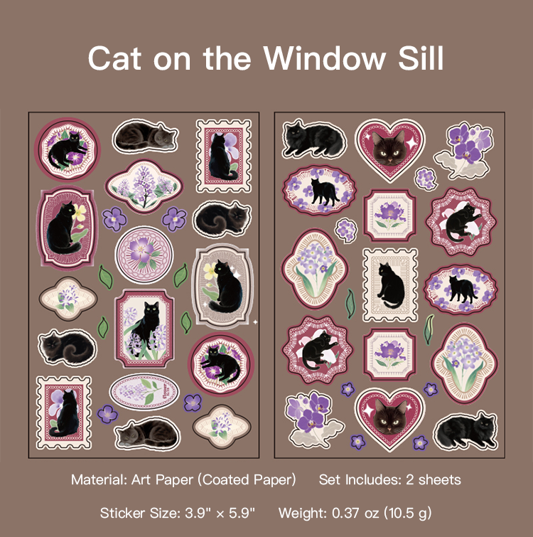 Cat on Window Sill design - vintage botanical feline sticker