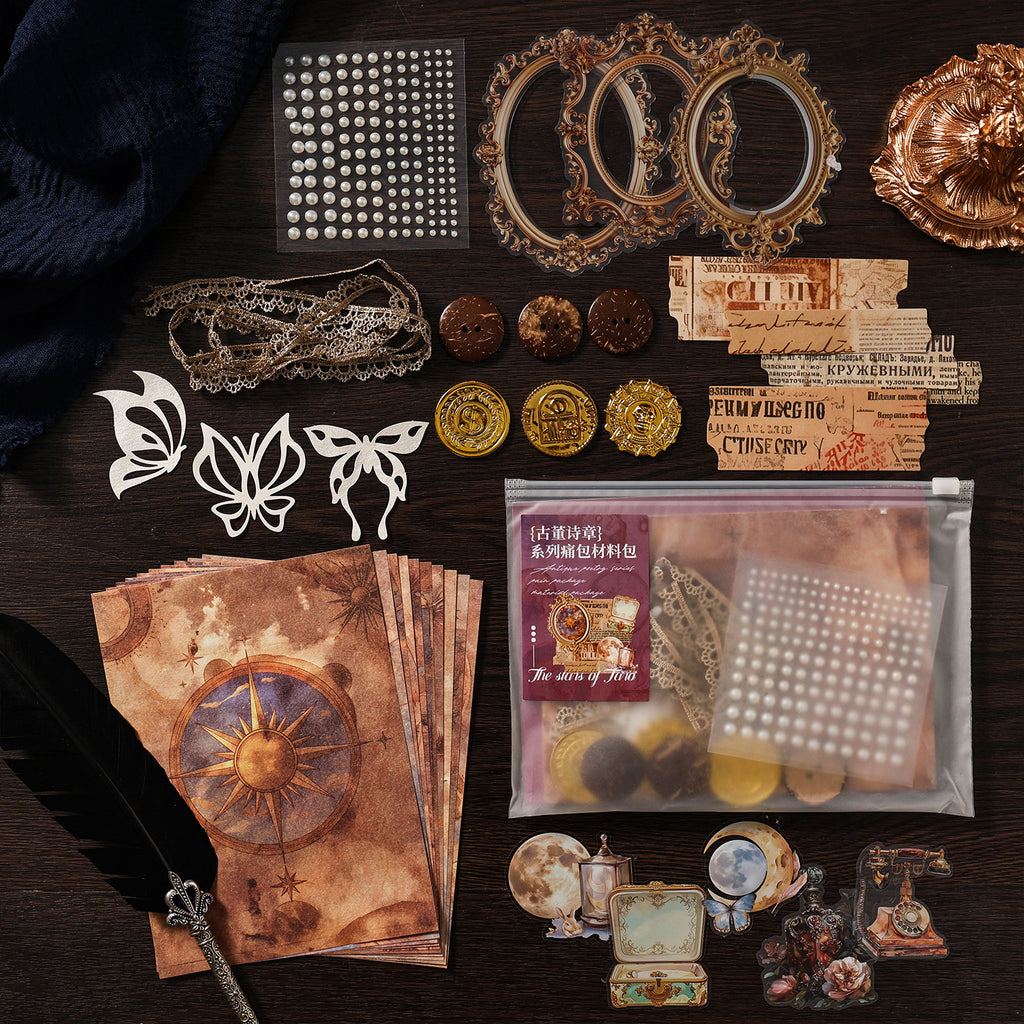 Celestial star themed collage kit contents - compass art papers, moon and lantern PET stickers, pearl stickers, gold frame cutouts, gauze and wood buttons