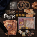 Celestial star themed collage kit contents - compass art papers, moon and lantern PET stickers, pearl stickers, gold frame cutouts, gauze and wood buttons