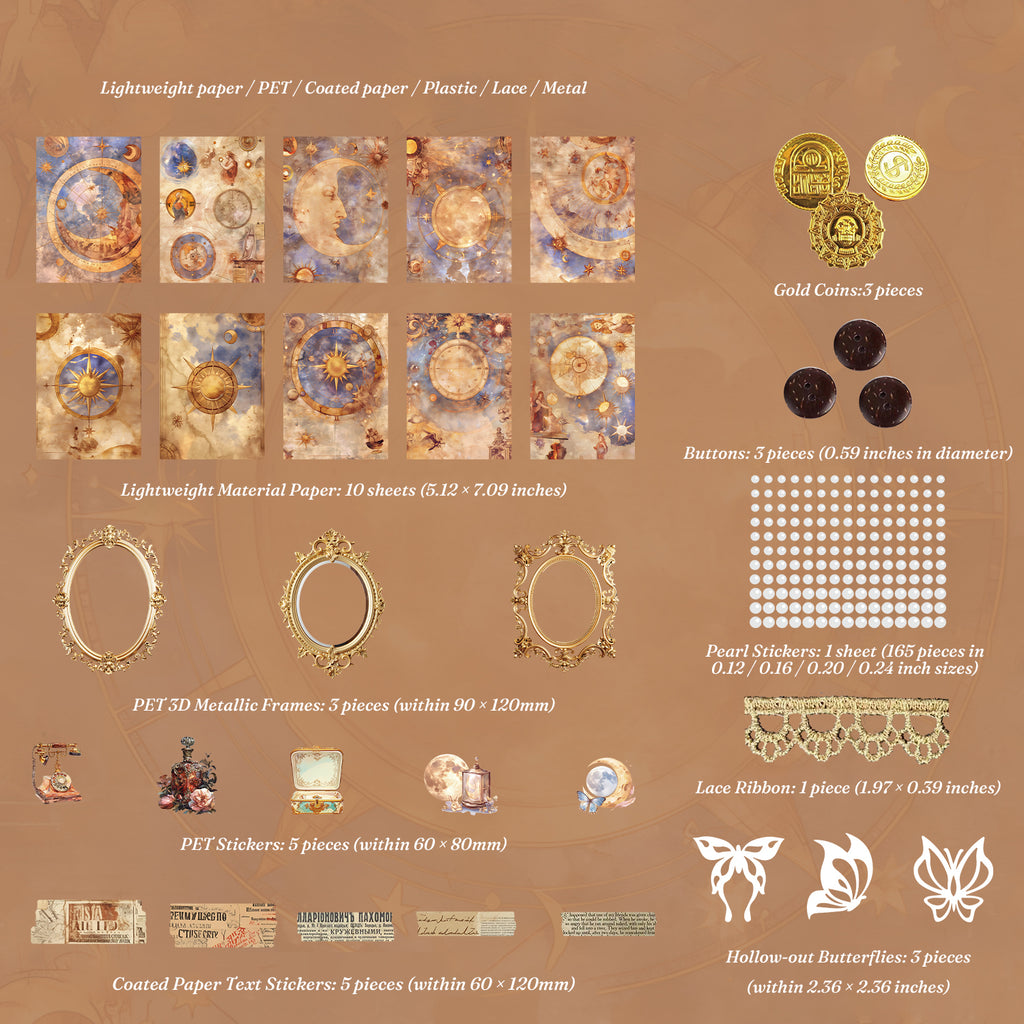 Celestial Tarot vintage collage kit contents - 10 moon and compass art papers, 3 gold PET frames, celestial PET stickers, 165 pearl stickers, lace and butterflies