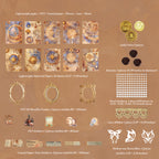 Celestial Tarot vintage collage kit contents - 10 moon and compass art papers, 3 gold PET frames, celestial PET stickers, 165 pearl stickers, lace and butterflies