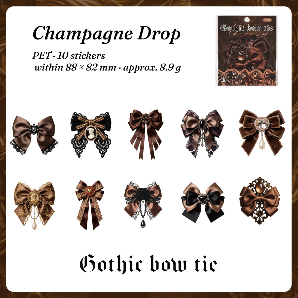 Gothic bow stickers style 5 — champagne gold bows with cameo details, 10 pieces