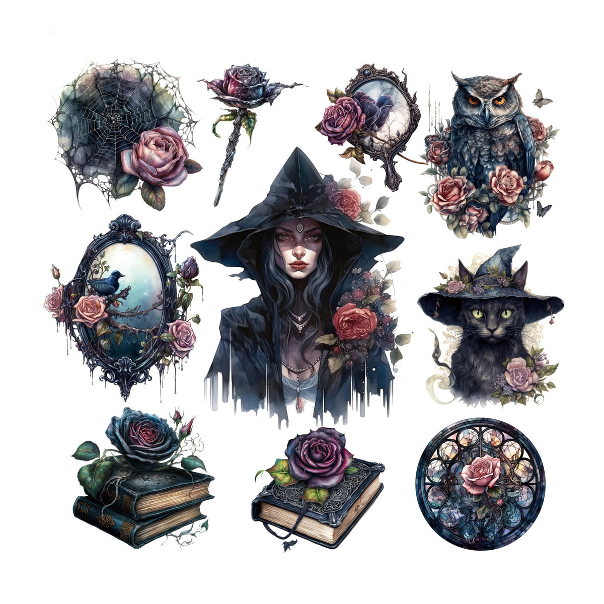 Chaos Oracle stickers — dark florals, occult mirrors and shadow priest motifs, 20 pieces