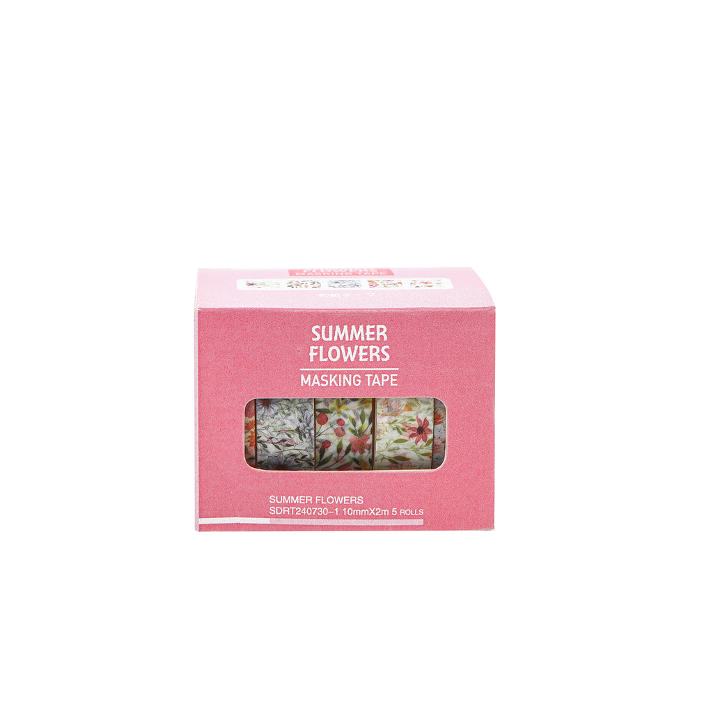 Variant image for the Cherry Blossom light pink botanical washi tape set. Features 5 rolls of aesthetic floral tape in a mini pink box for journaling.