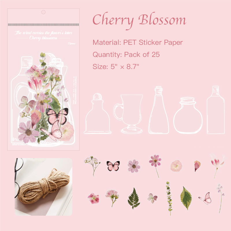 Cherry blossom letter PET stickers featuring delicate sakura designs for romantic mixed media art
