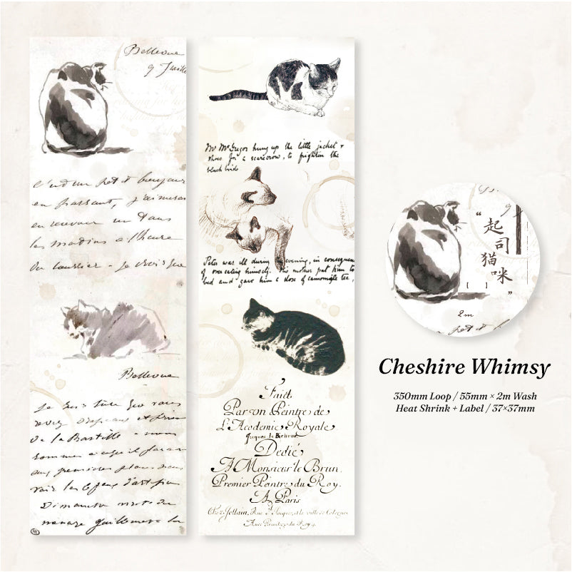 Cheshire Whimsy washi tape with ink wash cat sketches handwritten French script and coffee ring stains