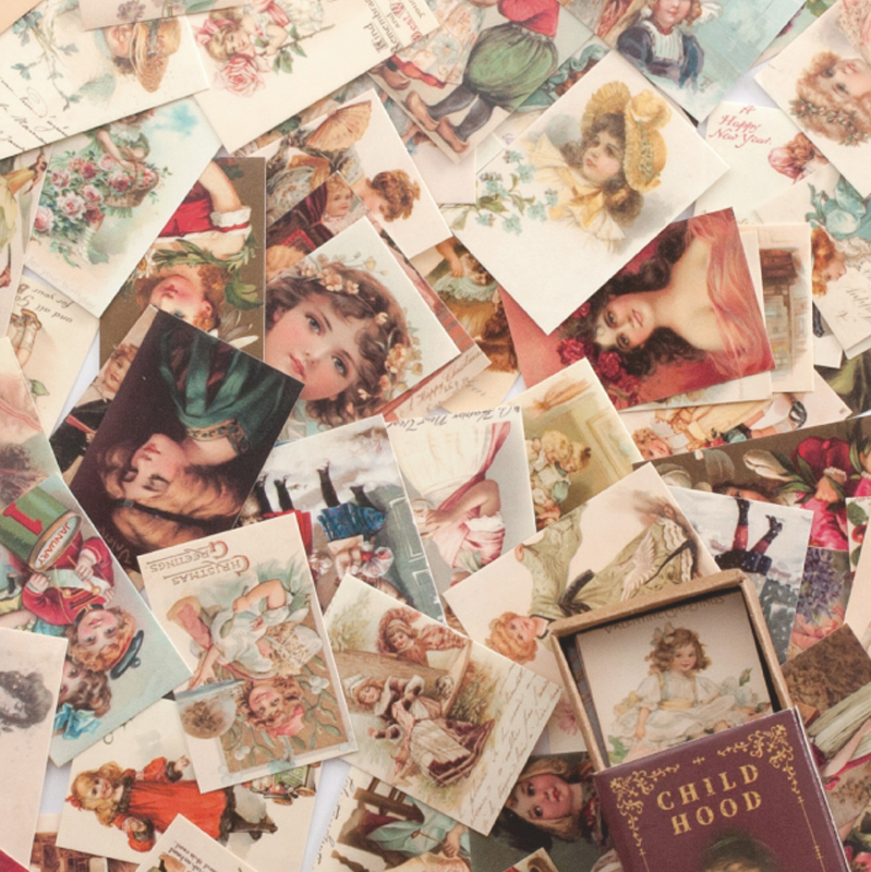 Childhood vintage mini cards with nostalgic illustrations and childhood memories theme