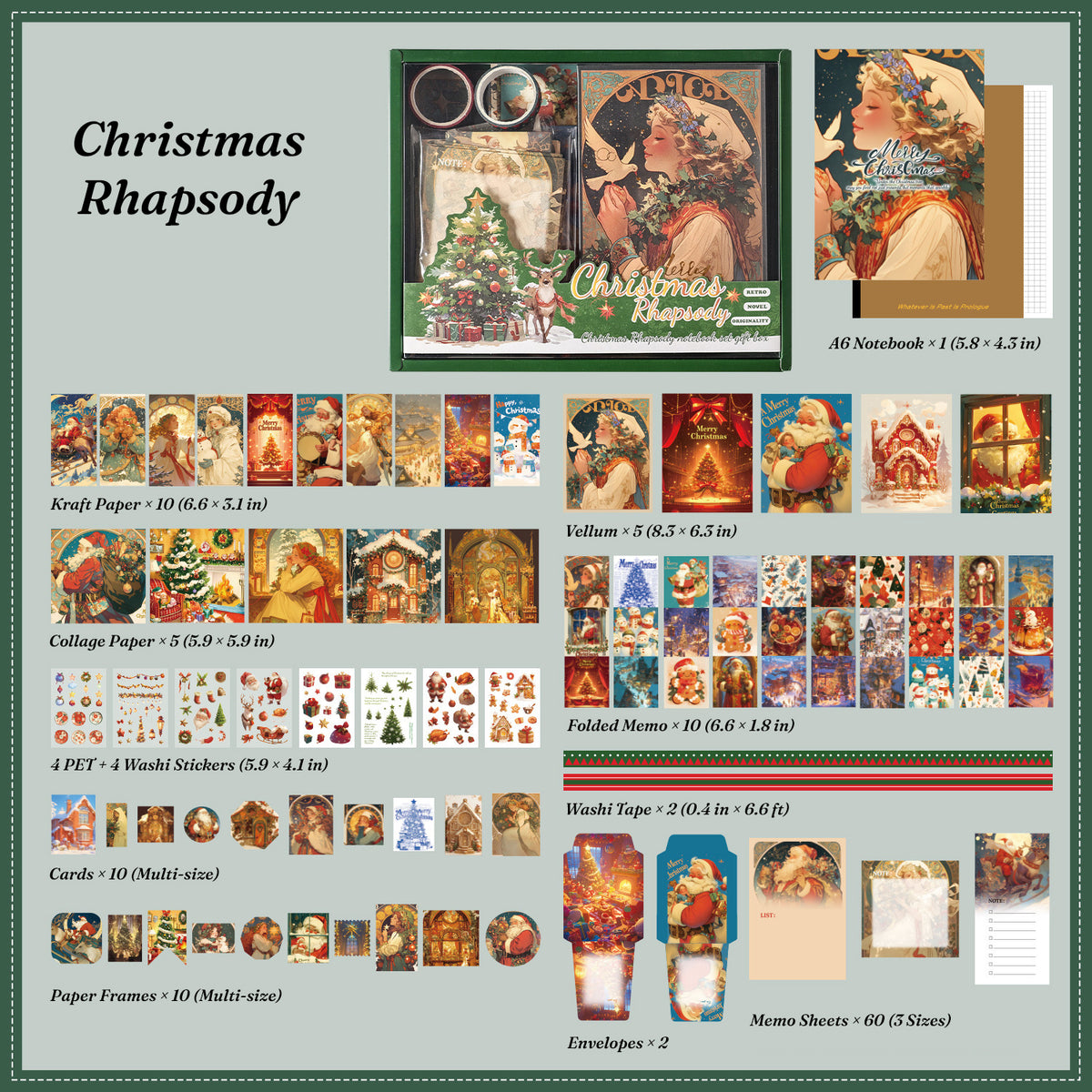 Dark green embossed Christmas Rhapsody gift box with neon night Christmas market illustration