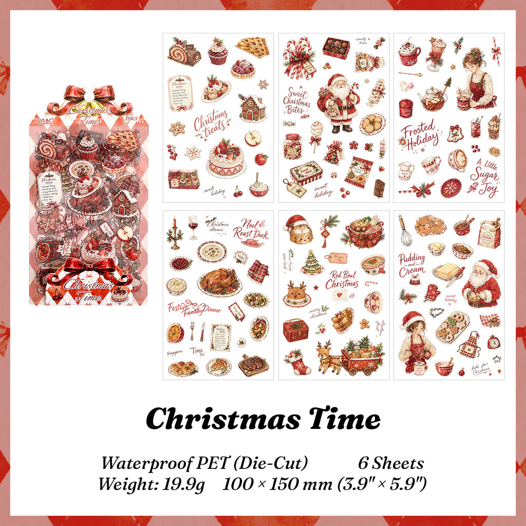 Christmas Time sticker pack with 6 die-cut sheets - red watercolor Christmas treats, roast dinner, Santa and holiday desserts