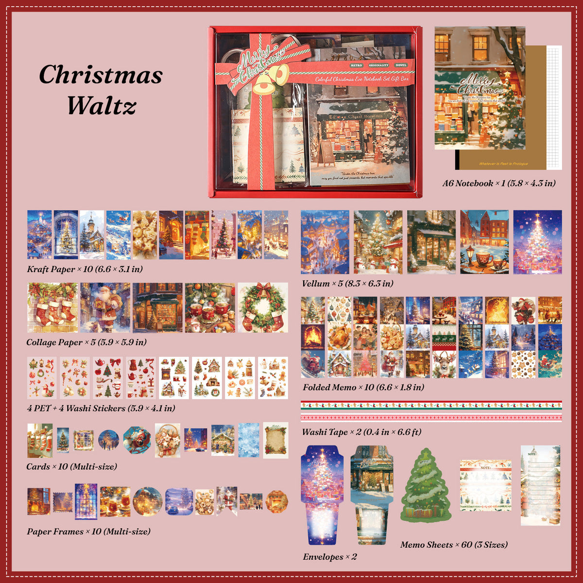 Red embossed Christmas Waltz keepsake box with vintage Santa artwork for journal sticker kit storage