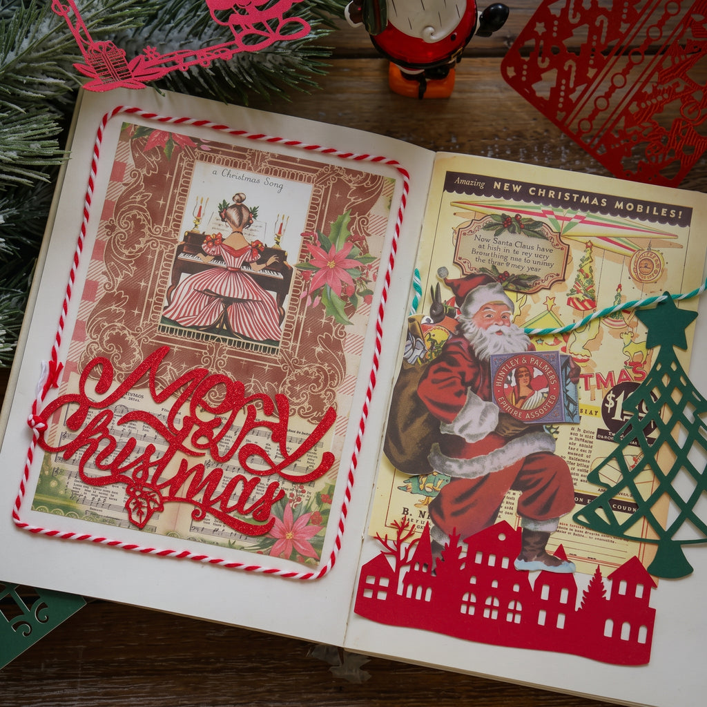 Christmas junk journal spread with laser cut paper ornaments, vintage Santa ephemera and Merry Christmas script