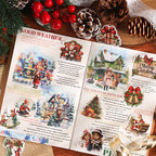 Open journal spread decorated with vintage Christmas sticker flakes showing Santa wreaths and holiday scenes on aged pages