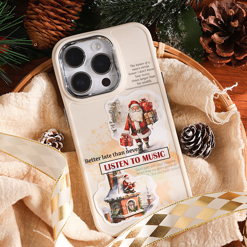 White phone case decorated with vintage Christmas Santa sticker flake on cream silk fabric with holiday styling