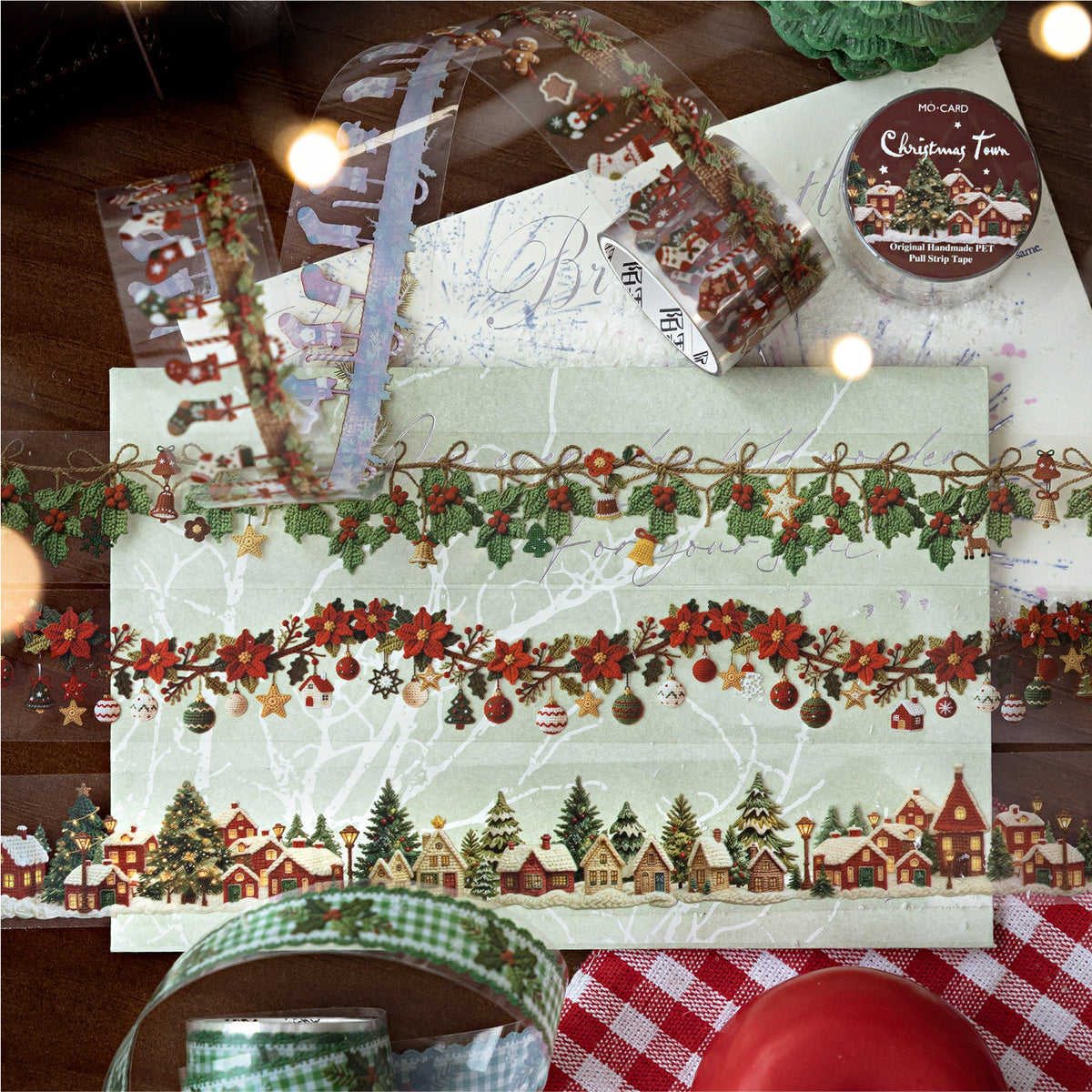 Christmas town scene PET tape strips with white ink buildings and trees on holiday wrapping