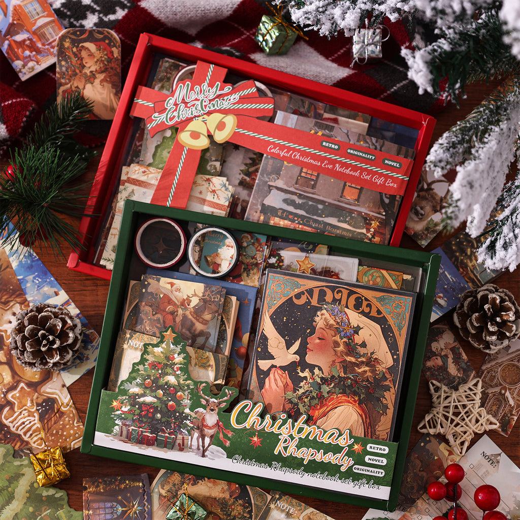 Vintage Christmas ephemera kit in red and green gift boxes with 12 piece mixed sticker and washi set among pine cones