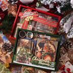 Vintage Christmas ephemera kit in red and green gift boxes with 12 piece mixed sticker and washi set among pine cones