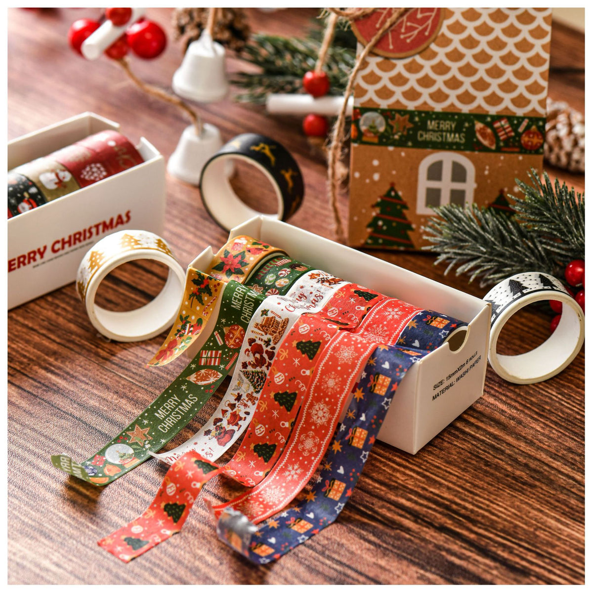 Christmas washi tape with white lace and red berries on burlap