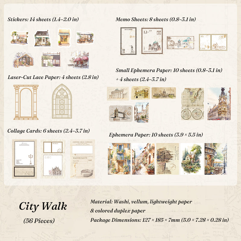 European architecture scrapbook ephemera pack featuring watercolor street scene stickers, memo sheets, and vintage postcard collage cards