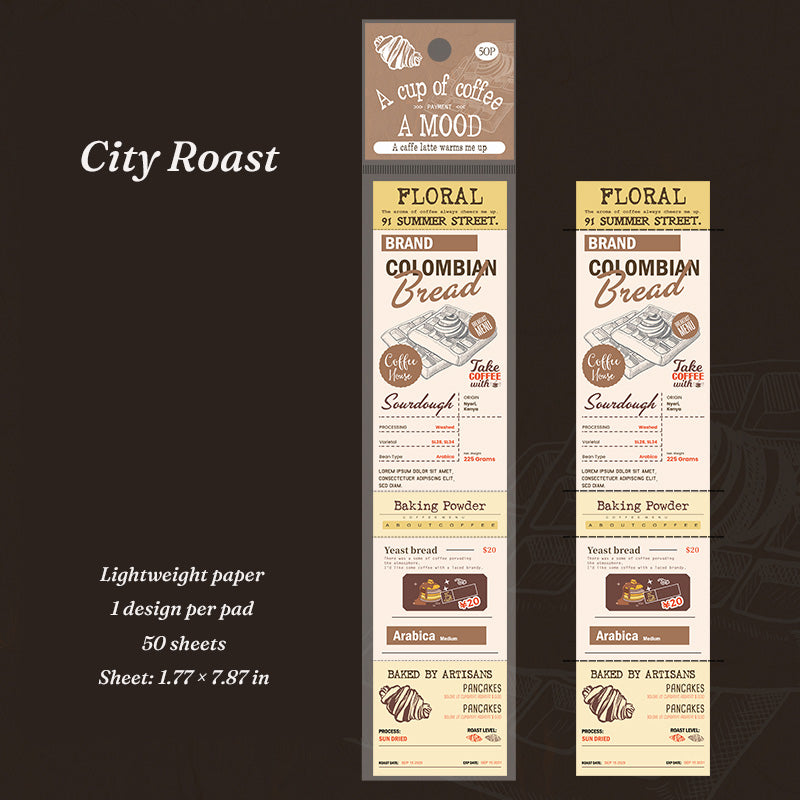 City Roast coffee theme tear-off notepad design showing gold vintage coffee brand and artisan bread prints on 1.77 x 7.87 inch lightweight paper strip, 50 sheets per pad