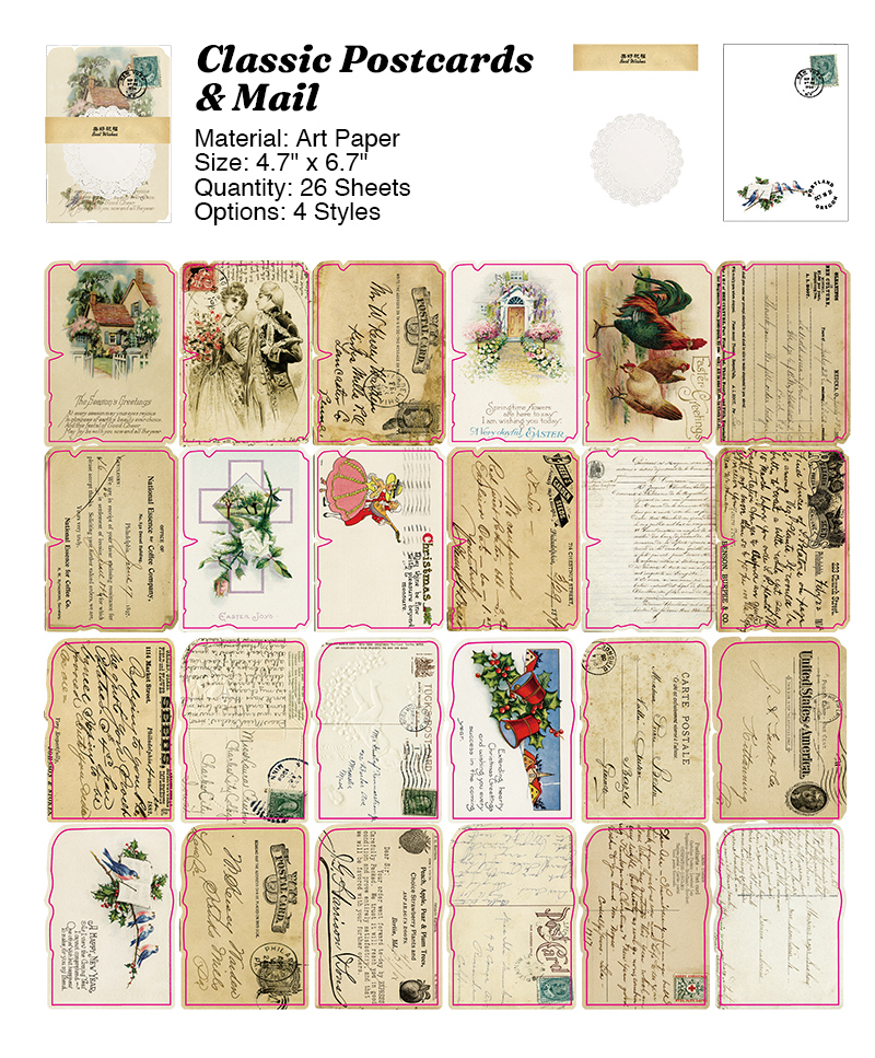 Classic postcards and mail retro junk journal paper