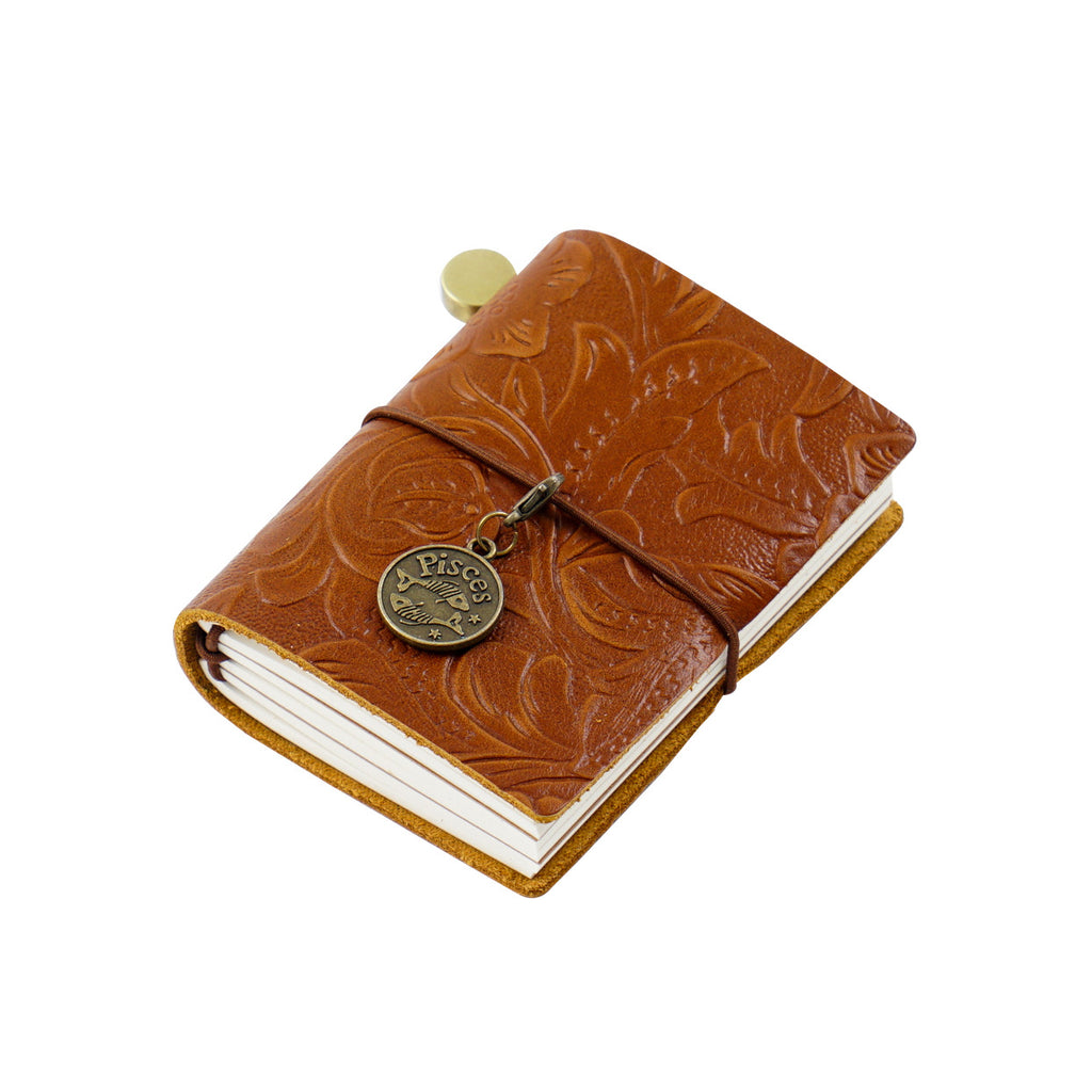 Classic Camel embossed faux leather mini journal with bronze Pisces zodiac charm by Paperlooms
