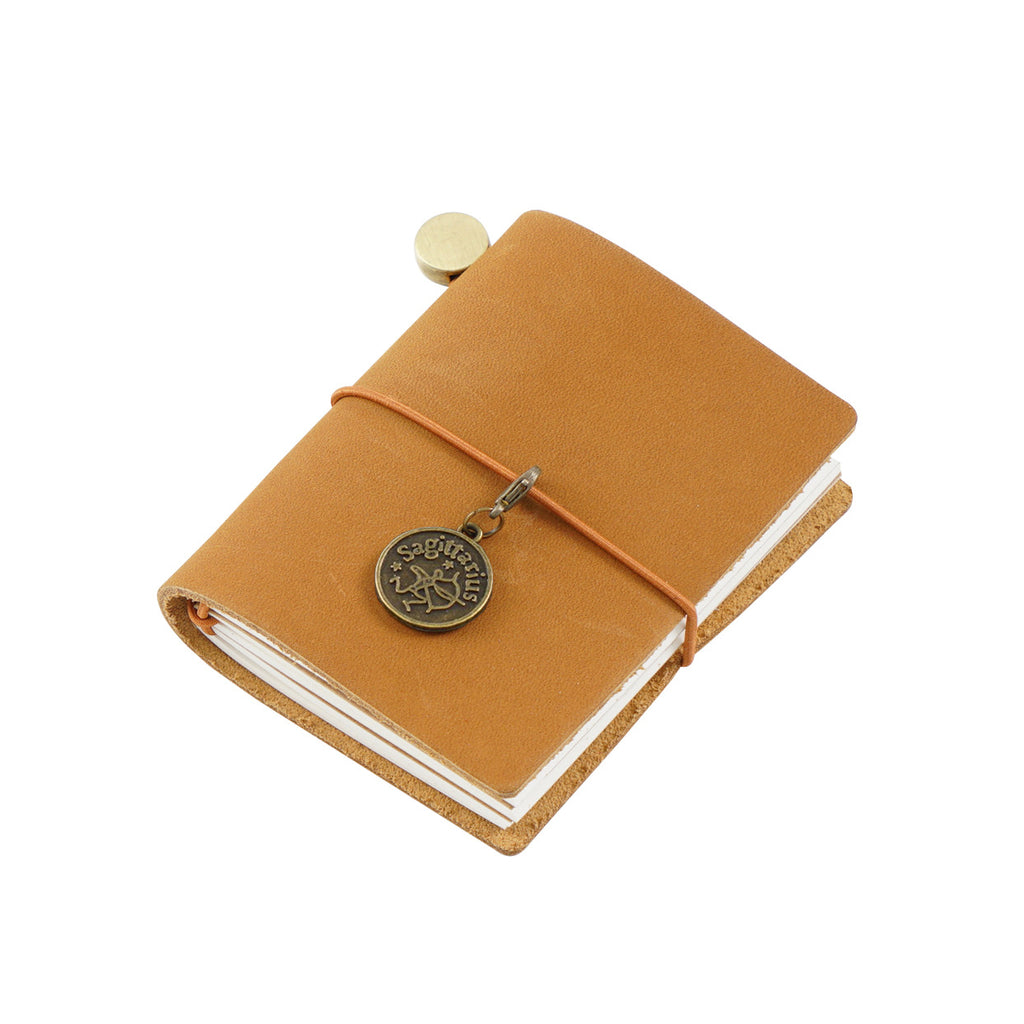 Classic camel oil wax leather micro traveler's notebook with elastic band and two blank Dowling paper inserts