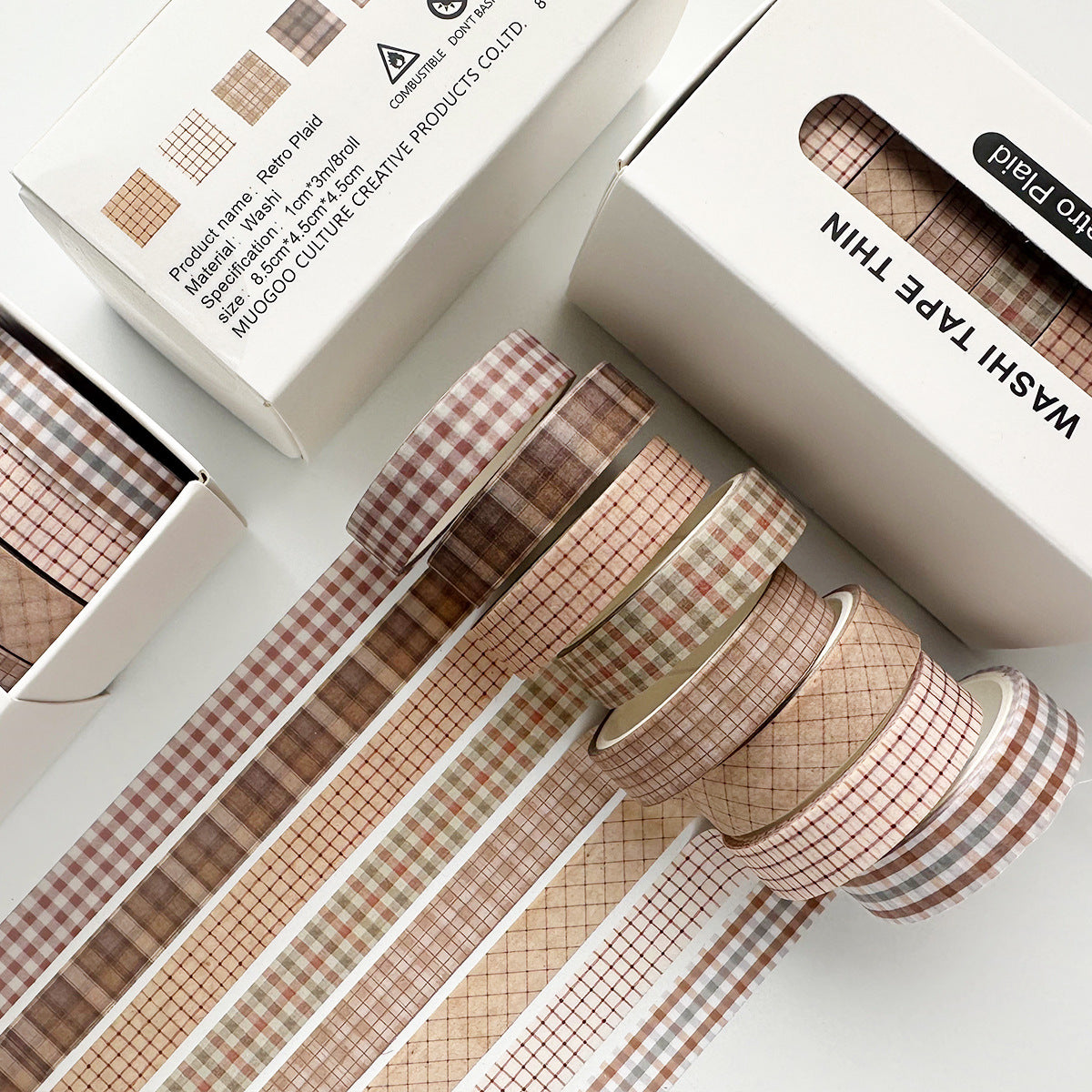 Variant image for the Classic Tartan vintage slim washi tape set. Features 8 rolls of brown plaid and grid patterned masking tape, perfect for minimalist and retro journaling borders.