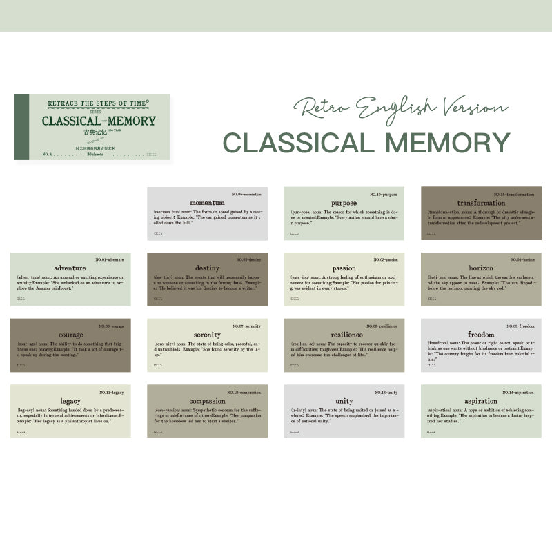Classical Memory vintage ephemera labels featuring elegant English typography and nostalgic designs