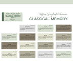 Classical Memory vintage ephemera labels featuring elegant English typography and nostalgic designs