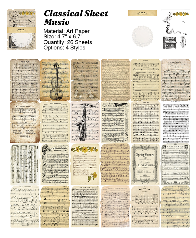 Classical sheet music vintage aesthetic layering paper
