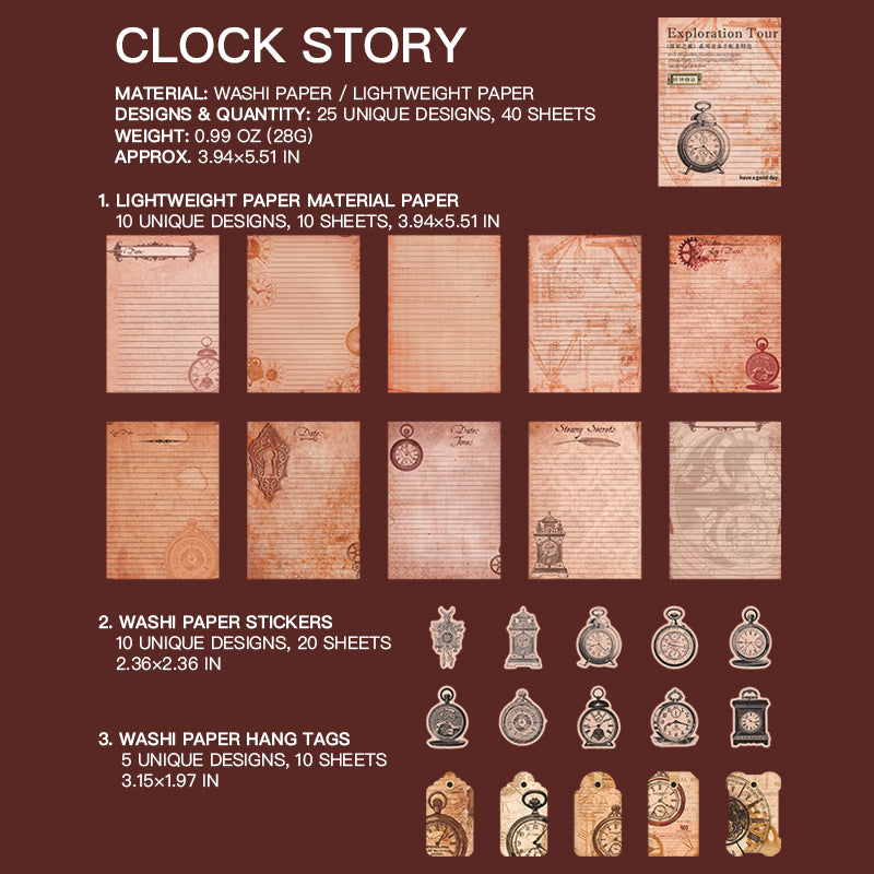 "Clock Story vintage timepiece sticker with ornate clock design for scrapbook embellishment"